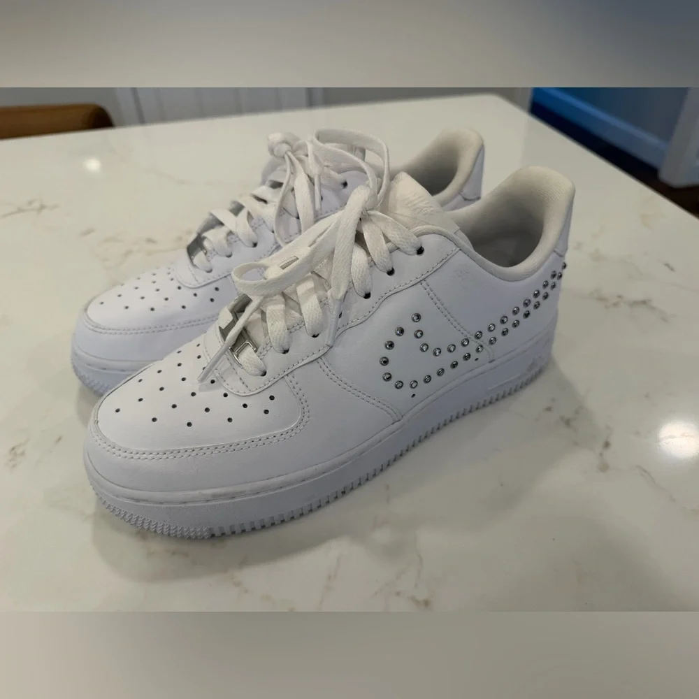 Nike Air Force 1 White Leather Studded Women's Sneaker - Picture 2 of 6